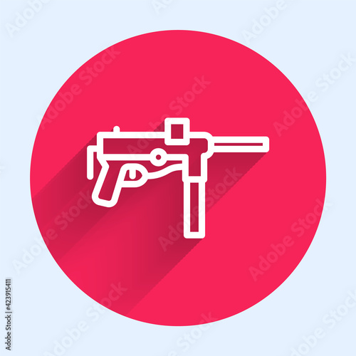 White line Submachine gun M3, Grease gun icon isolated with long shadow. Red circle button. Vector