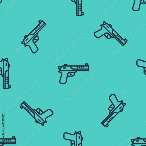 Black line Desert eagle gun icon isolated seamless pattern on green background. Vector