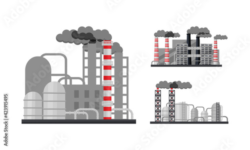 Industrial Plants and Factory Buildings with Pipelines Emitting Smoke Vector Set