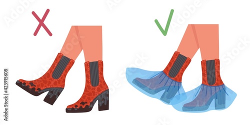 Illustration of dirty shoes and shoes with medical covers. Vector flat illustration.