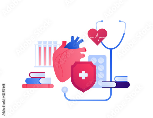 Cardiology and heart disease concept. Vector flat people illustration. Heartbeat, pill, blood test, book, stethoscope sign. Treatment, shield protection and recovery symbol. Design for health care.