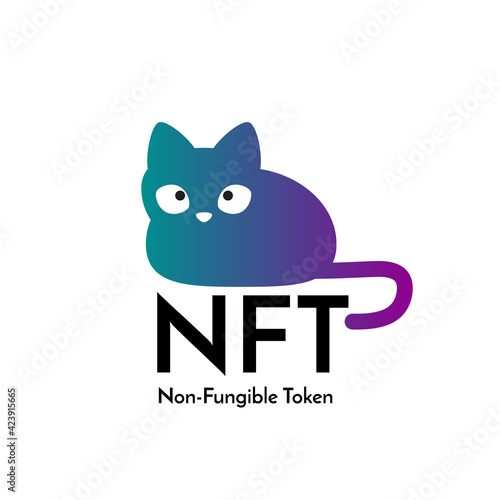 Cute neon cat and text non fungible token NFT. Isolated on white background. Stock vector illustration