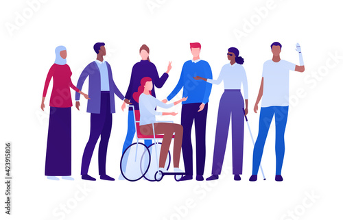 Inclusion and diversity concept. Vector flat people character illustration. Multicultural and multinational happy male and female crowd. Blind with stick, woman in wheelchair, man with prosthetic arm.