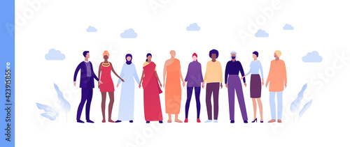 Inclusion and diversity concept. Vector flat people illustration. Multicultural and multinational happy male and female crowd in national outfit. Buddhist, female in sari, arab, woman in hijab.