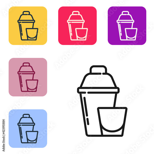 Black line Cocktail shaker with cocktail glass icon isolated on white background. Set icons in color square buttons. Vector