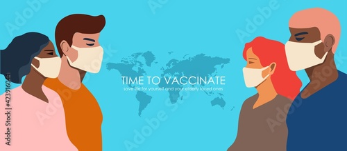 Time to vaccinate. People of different ethnicity in vaccination concept. Vector illustration in flat style