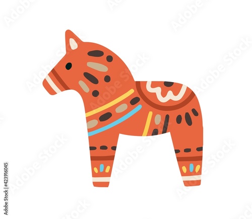 Swedish red horse or dalahorse with ornament. Scandinavian dala figurine with pattern. Nordic souvenir. Colored flat vector illustration isolated on white background photo