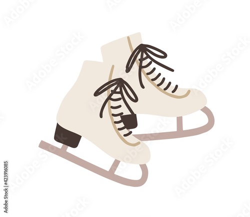 Pair of female ice skates. Hockey shoes with tied shoelaces. Winter sport icon. Colored flat vector illustration isolated on white background