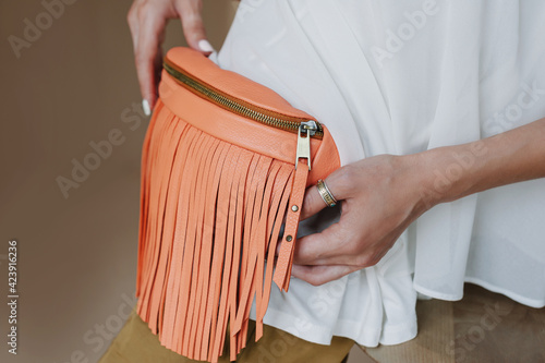 Boho Hip Bag With Fringe Leather Waist Pouch. Orange womens leather bag.