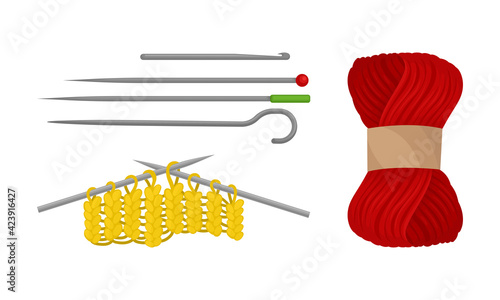 Sewing and Tailoring Accessories with Knitting Needles and Yarn Vector Set