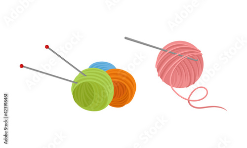 Yarn Ball or Skein of Wool with Knitting Needles Vector Set