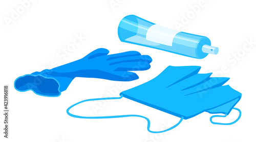 The 2020 year waste. The coronavirus pandemic garbage, trash. A used mask, a medical glove, antiseptic spray. A vector cartoon illustration.