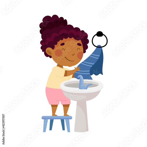 Cute African American Girl Standing on Stool Near Wash Stand Drying Hands on Towel Engaged in Personal Hygiene Vector Illustration