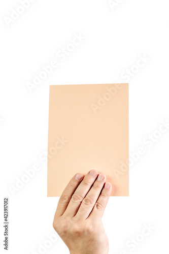 Fototapeta Naklejka Na Ścianę i Meble -  Mockup of male hand holding a colored cardboard on a white background