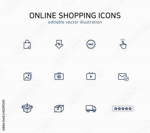 Online shopping line icon set: using for eCommerce, social commerce and shopping mall. editable vector illustration for web and mobile app. 