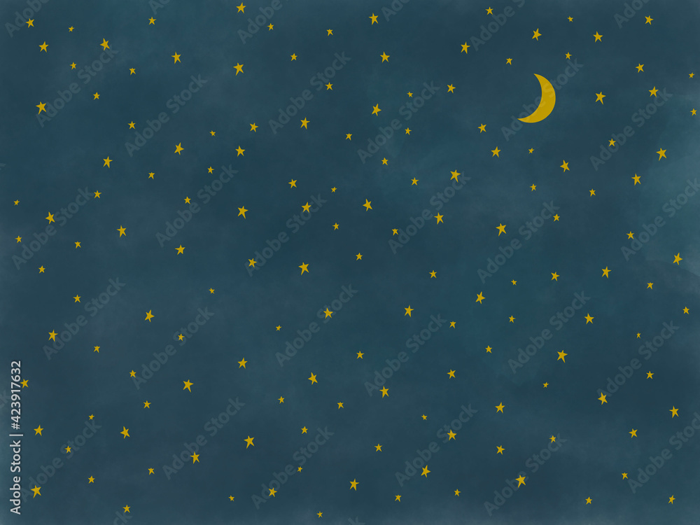 夜空に浮かぶ満天の星と三日月の手描き水彩背景イラスト