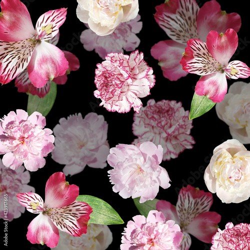 Beautiful floral background of alstroemeria, peony and carnation. Isolated