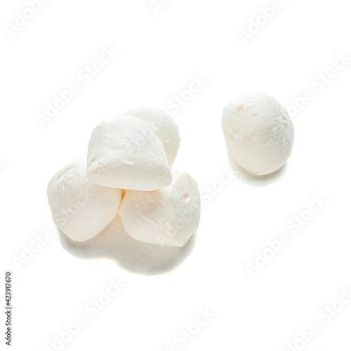 Mozzarella cheese in balls. View from above. White background. Isolated.