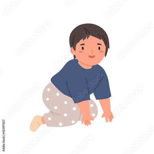 Happy baby crawling. Little child moving on knees and hands. Portrait of smil...
