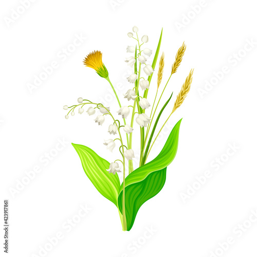 Freshly Cut Wildflowers and Meadow Plants on Stem as Floral Vector Composition