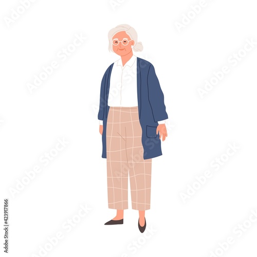Happy aged gray-haired woman in eyewear and stylish casual clothes. Smiling senior granny in modern outfit. Colored flat vector illustration of retired female character isolated on white background