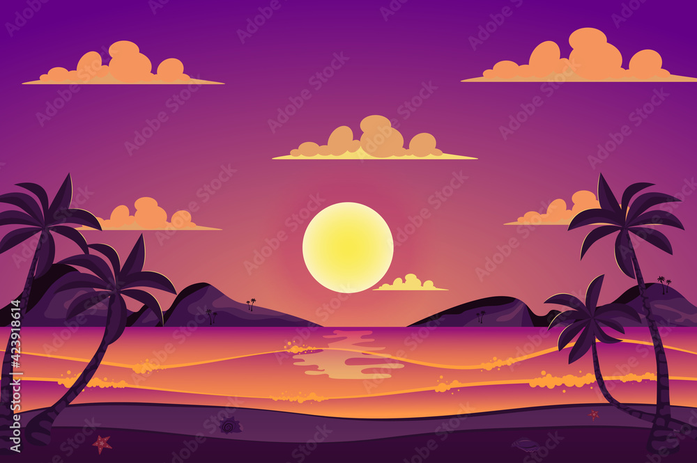 Summer sea beach landscape background in flat cartoon style. Ocean seashore with palm trees, mountains on horizon. Paradise tropical island vacation. Nature scenery. Vector illustration of web banner