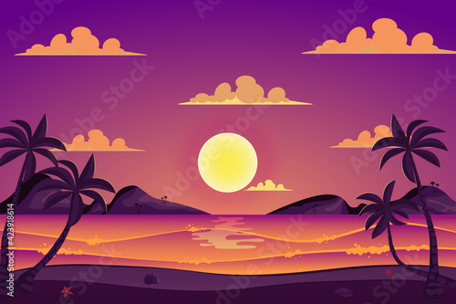 Summer sea beach landscape background in flat cartoon style. Ocean seashore with palm trees, mountains on horizon. Paradise tropical island vacation. Nature scenery. Vector illustration of web banner