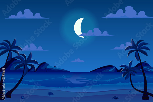 Moonlight night at seashore landscape background in flat cartoon style. Moon in sky above sea beach with palm trees. Paradise ocean island vacation. Nature scenery. Vector illustration of web banner