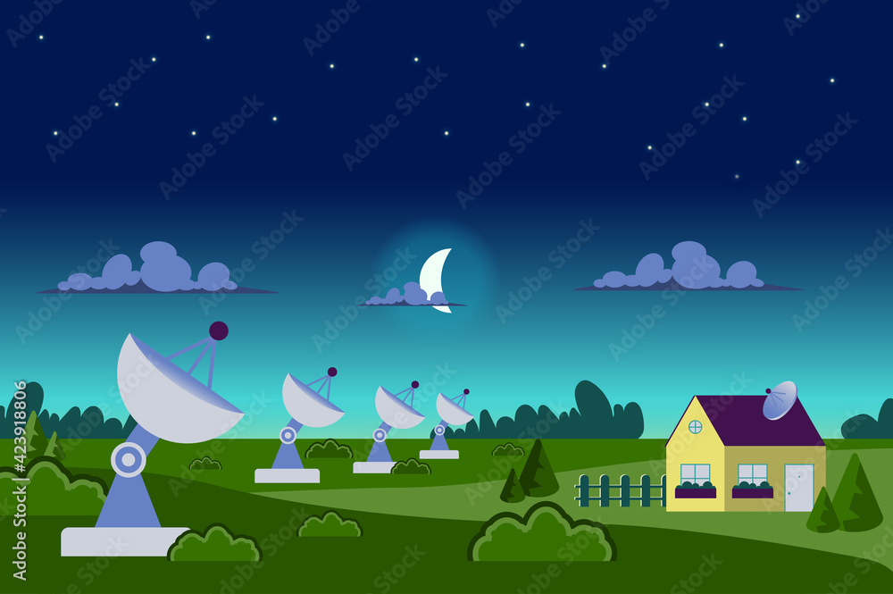 Radio telescopes station landscape background in flat cartoon style