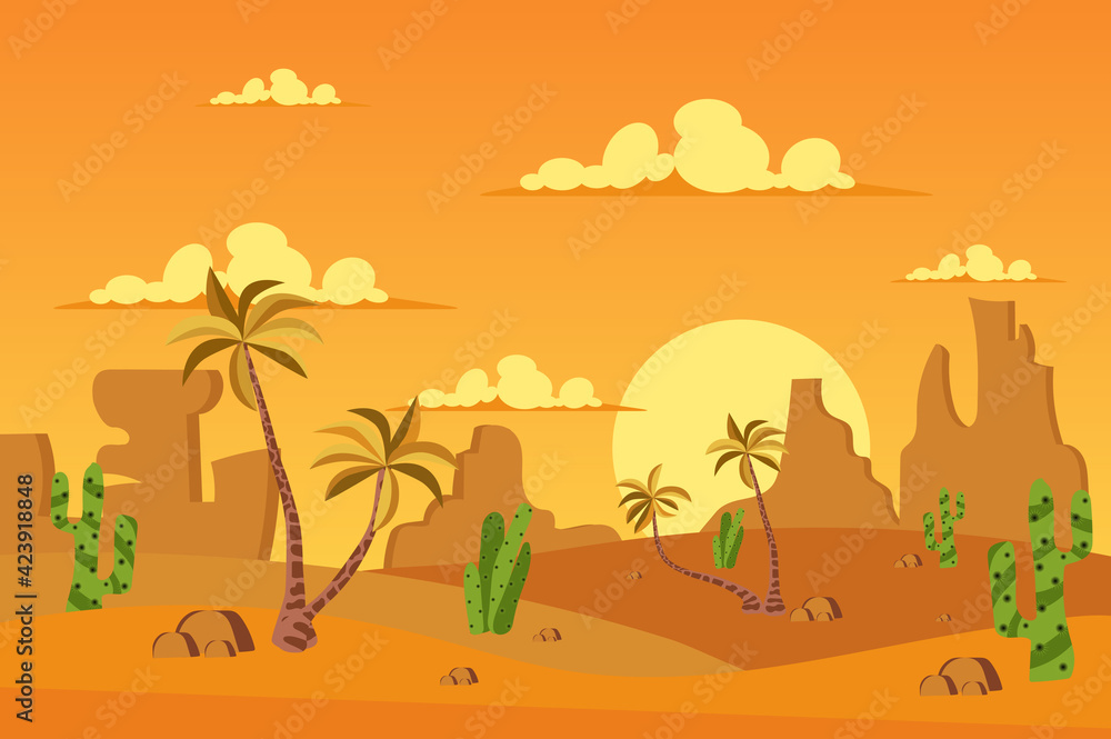Desert with vegetation landscape background in flat cartoon style. Sand dunes, palm trees, cactus, rocks and mountains. Sun in sky over wilderness. Nature scenery. Vector illustration of web banner
