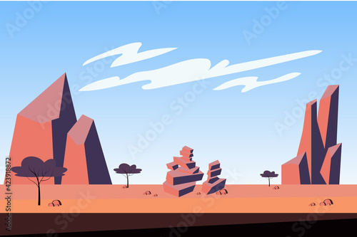 Mountains at desert landscape background in flat cartoon style. Trees, dry grass, sparse vegetation, rocky peaks and stones at wilderness. Abstract nature scenery. Vector illustration of web banner