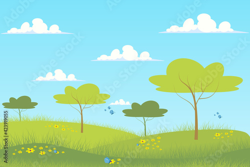 Spring green meadow landscape background in flat cartoon style. Garden trees  blue sky  green grass pasture fields  butterflies fly over wild flowers. Nature scenery. Vector illustration of web banner