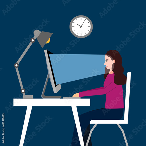 Woman using pc computer at night in flat design. Female working late in dark room. Blue light from monitor screen reflecting eyes.