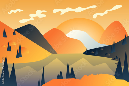 Abstract mountains landscape background in flat cartoon style. Sunset over rocky peaks and lake  hills with forests. Geometric minimalistic panorama. Nature scenery. Vector illustration of web banner