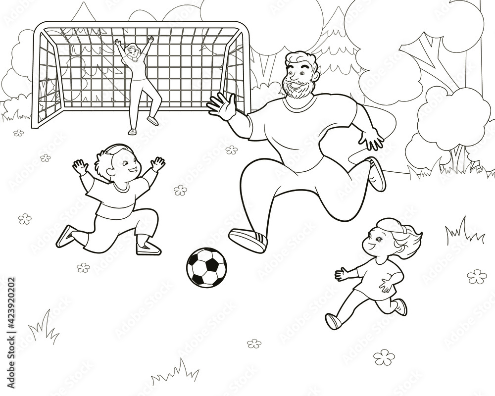 Coloring book:happy family playing football on the lawn among the trees.Mother, father, daughter and son are having fun kicking the ball.Vector illustration in cartoon style, black and white line art Coloring book:happy family playing football on the lawn among the trees.Mother, father, daughter and son are having fun kicking the ball.Vector illustration in cartoon style, black and white line art