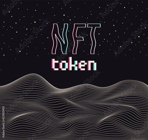 NFT non-fungible token. Vector futuristic cryptography wallpaper. Retro wave, synthwave, rave, vapor, cyber punk. Blue, black, pink purple color. Trendy vintage 80s, 90s style. Print, poster, banner