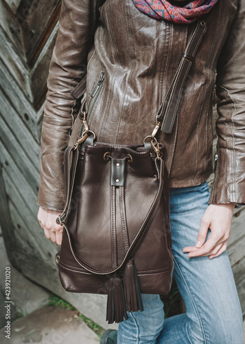 Dark brown fashion women bag. Large Leather Boho Handbag Fringe Leather Crossbody Bag Bucket Purse For Women.