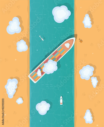 Maritime traffic jam. Container cargo ship run aground and stuck in Suez Canal, blocking world's busiest waterway. Cargo vessels traffic jam grows in Suez canal