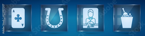 Set Playing card with clubs, Horseshoe, Casino dealer and Champagne in an ice bucket. Square glass panels. Vector