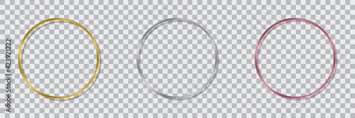 Vector illustration of shiny round frame. Set of three gold, silver, and rose gold foil circle frame with shadow isolated on transparent background. Luxury border for artwork.	