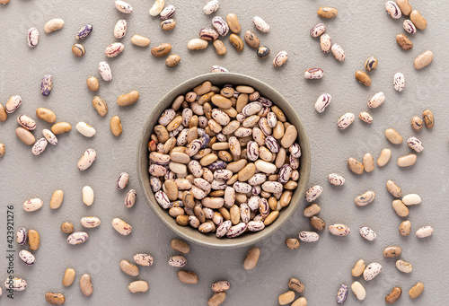 Legumes in bowl and scattered in the background, Pinto beans in a plate on a gray background, top view photo