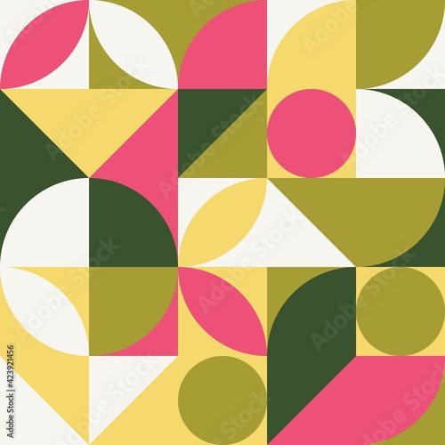 Seamless vector geometric pattern in Bauhaus style. Vibrant abstract background with yellow, green and pink colors
