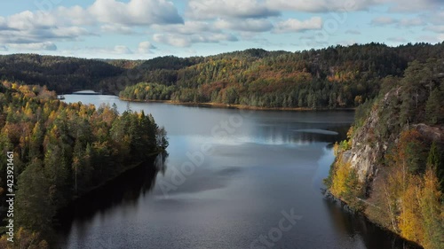 Aerial view of a lake, surrounded by mountains and autumn color forest, in Norway - tilt up, drone shot photo