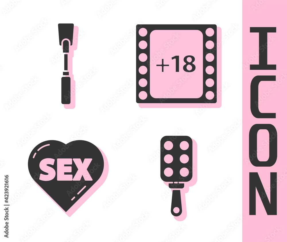 Set Spanking paddle, Leather whip, Heart with text Sex and Play Video with  18 plus content icon. Vector Stock Vector | Adobe Stock