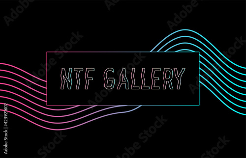 NFT gallery. Non-fungible token. Vector futuristic cryptography wallpaper. Retro wave, synthwave, rave, vapor, cyber punk. Blue, black, pink purple color. Trendy 80s, 90s style. Print, poster, banner