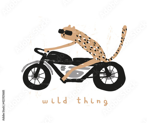 Wild Thing. Cute Vector Illustration with Cool Tiger Riding a Motorcycle. Wild Cat on a Motorbike Isolated on a White Background. Infantile Style Print ideal for Card, Wall Art, Poster.
