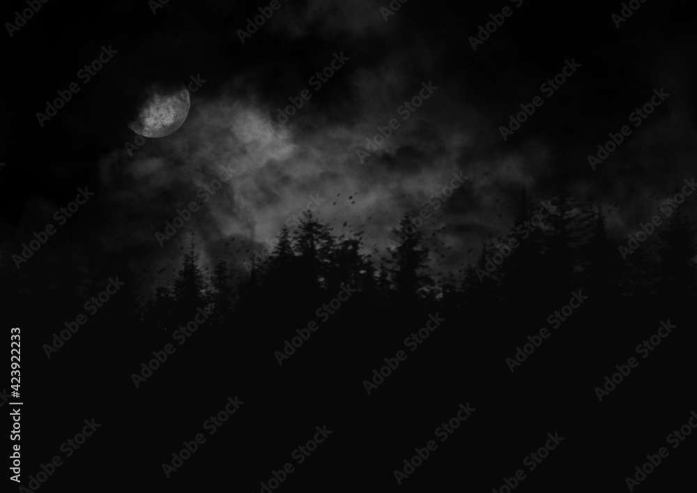 雲に隠れそうな月が少し見える風が吹く嵐の夜のモノクロイラスト Stock Illustration Adobe Stock