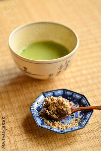 Japanese sweets called “ocha gashi” are served with green tea. photo