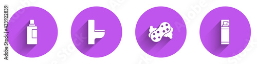 Set Bottle for cleaning agent, Toilet bowl, Sponge and Shaving gel foam icon with long shadow. Vector