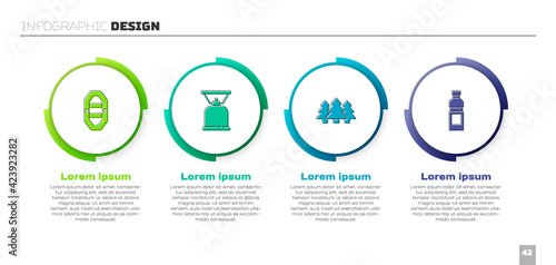 Set Rafting boat, Camping gas stove, Forest and Bottle of water. Business infographic template. Vector